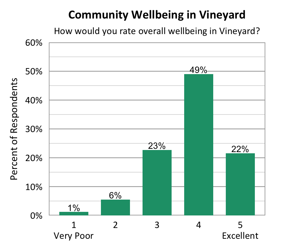 Bar Chart. Title: Community Wellbeing in Vineyard. Subtitle: How would you rate overall wellbeing in Vineyard? Data - 1 Very Poor: 1% of respondents; 2: 6% of respondents; 3: 23% of respondents; 4: 49% of respondents; 5 Excellent: 22% of respondents