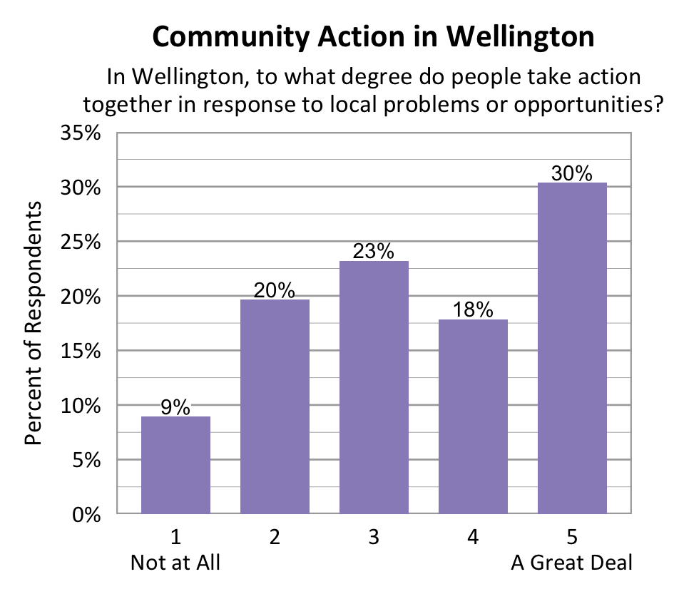 Bar chart. Title: Community Action in Wellington. Subtitle: In Wellington, to what degree do people take action together in response to local problems or opportunities? Data - 1 Not at All: 9% of respondents; 2: 20% of respondents; 3: 23% of respondents; 4: 18% of respondents; 5 A Great Deal: 30% of respondents