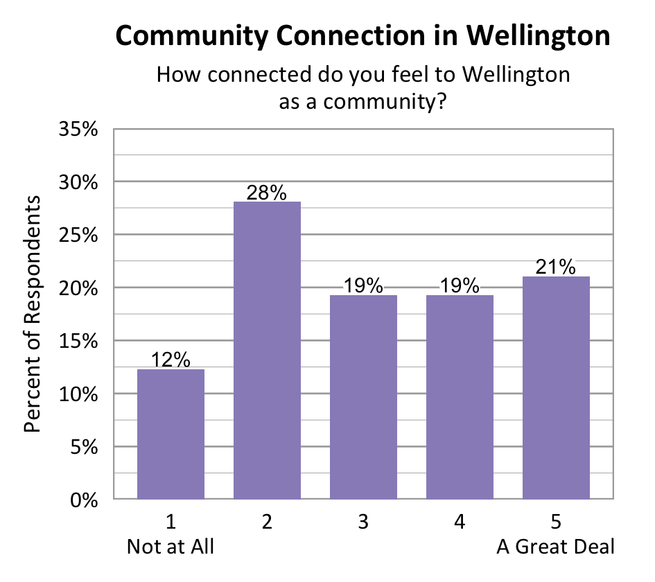 Bar chart. Title: Community Connection in Wellington. Subtitle: How connected do you feel to Wellington as a community? Data - 1 Not at All: 12% of respondents; 2: 28% of respondents; 3: 19% of respondents; 4: 19% of respondents; 5 A Great Deal: 21% of respondents