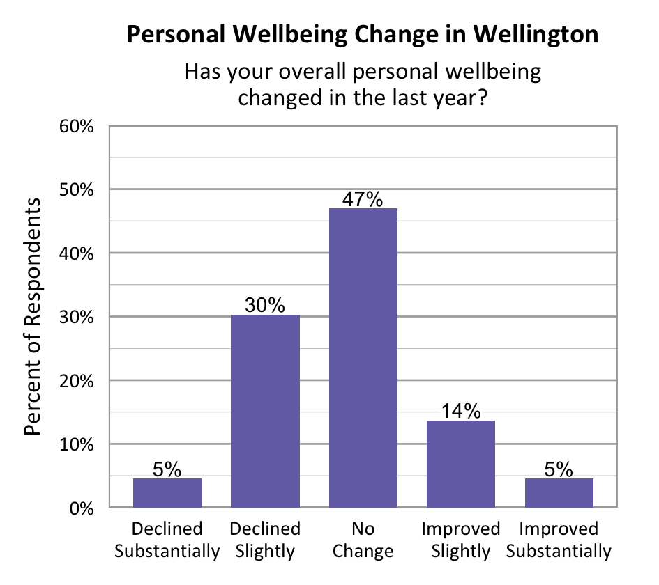 Bar Graph. Title: Personal Wellbeing Change in Wellington. Subtitle: Has your overall personal wellbeing changed in the last year? Data – Declined Substantially: 5%; Declined slightly: 30%; No change: 47%; Improved slightly: 14%; Improved Substantially: 5%.