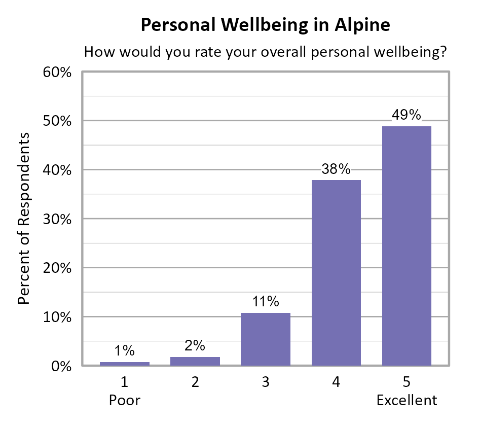 Bar Chart. Title: Personal Wellbeing in Alpine. Subtitle: How would you rate your overall personal wellbeing? Data — 1 Poor: 1% of respondents; 2: 2% of respondents; 3: 11% of respondents; 4: 38% of respondents; 5 Excellent: 49% of respondents