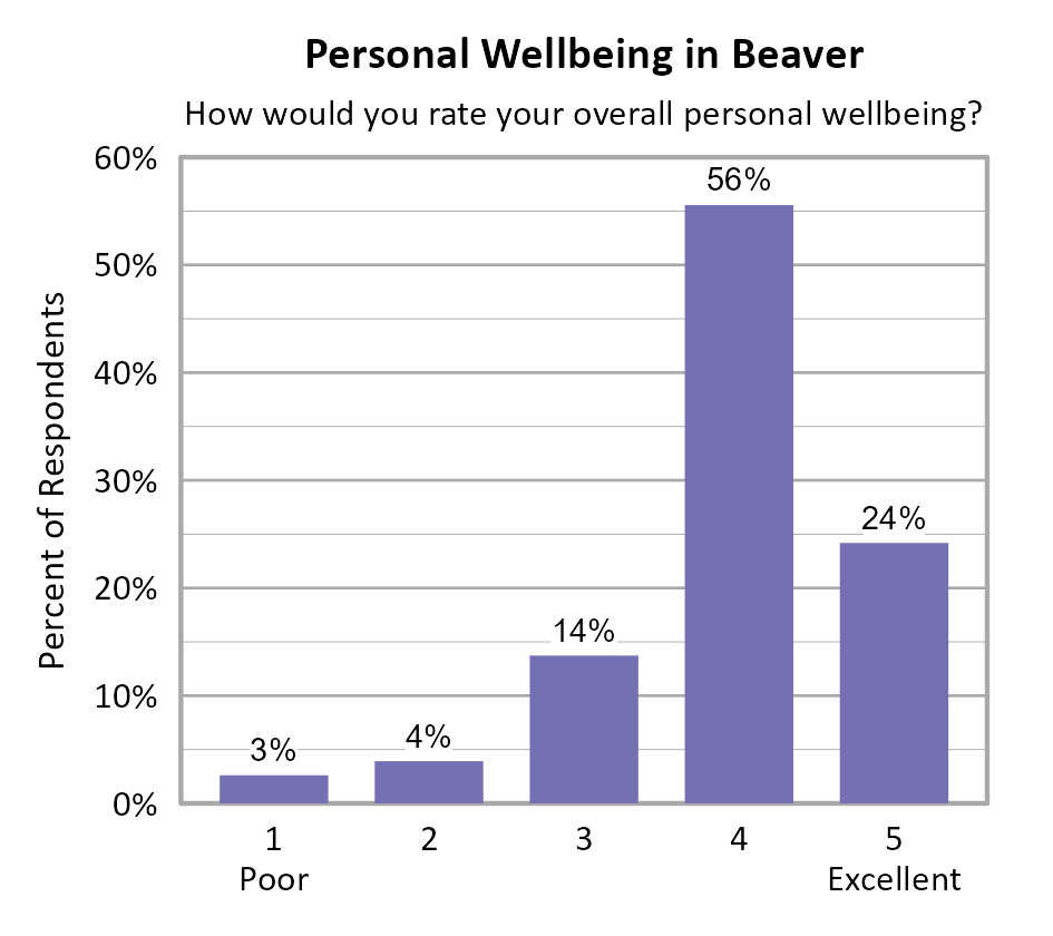 Bar Chart. Title: Personal Wellbeing in Beaver. Subtitle: How would you rate your overall personal wellbeing? Data — 1 Poor: 3% of respondents; 2: 4% of respondents; 3: 14% of respondents; 4: 56% of respondents; 5 Excellent: 24% of respondents