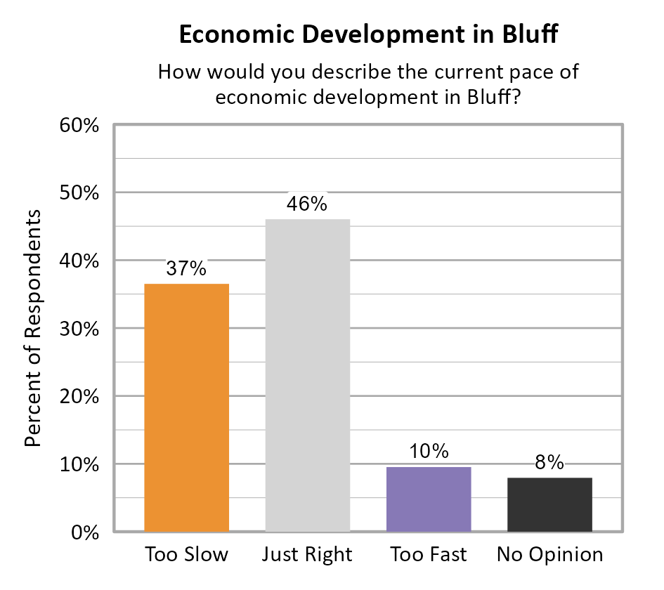 Bar Chart. Title: Economic Development in Bluff. Subtitle: How would you describe the current pace of economic development in Bluff? Data — Too Slow: 37% of respondents; Just Right: 46% of respondents; Too Fast: 10% of respondents; No Opinion: 8% of respondents