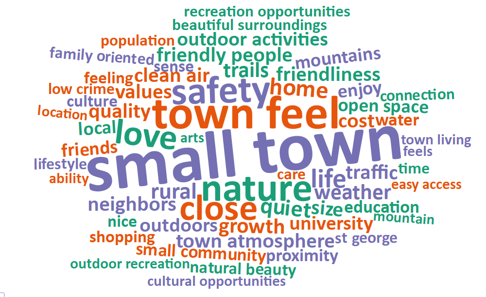 A word cloud of most common words about what respondents value most in their city