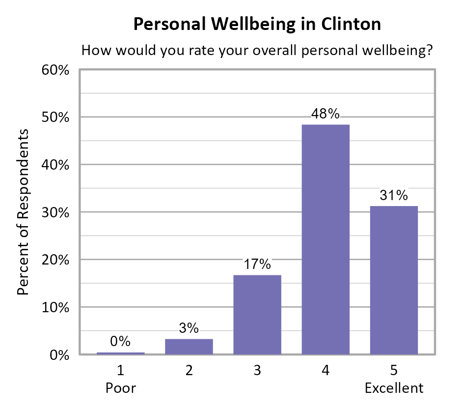 Bar Chart. Title: Personal Wellbeing in Clinton. Subtitle: How would you rate your overall personal wellbeing? Data — 1 Poor: 0% of respondents; 2: 3% of respondents; 3: 17% of respondents; 4: 48% of respondents; 5 Excellent: 31% of respondents