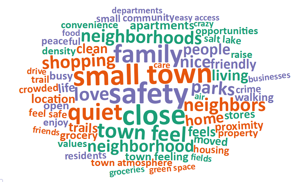 A word cloud of most common words about what respondents value most in their city