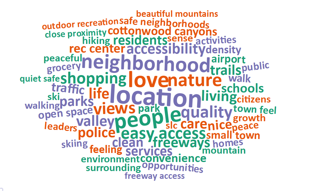 A word cloud of most common words about what respondents value most in their city