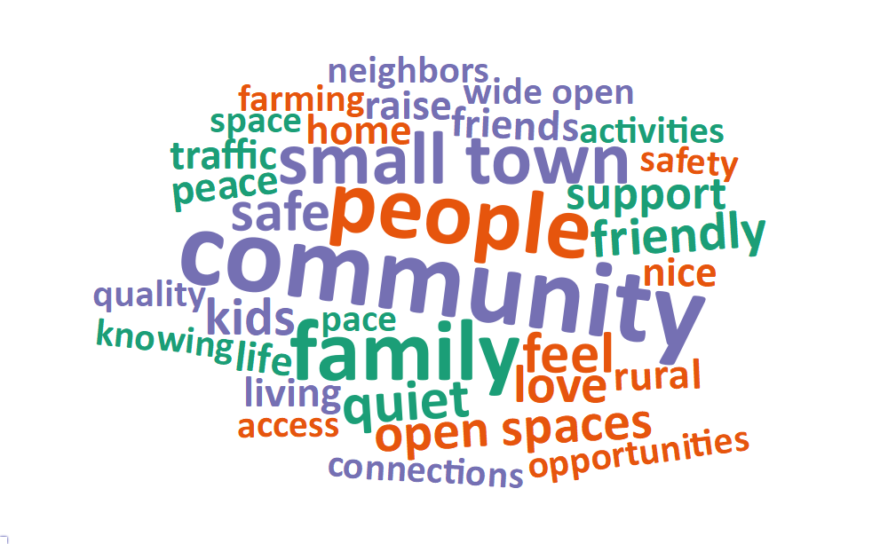 A word cloud of most common words about what respondents value most in their city