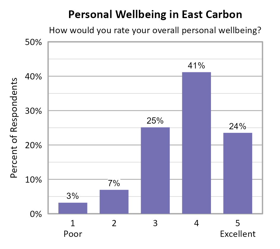 Bar Chart. Title: Personal Wellbeing in East Carbon. Subtitle: How would you rate your overall personal wellbeing? Data — 1 Poor: 3% of respondents; 2: 7% of respondents; 3: 25% of respondents; 4: 41% of respondents; 5 Excellent: 24% of respondents