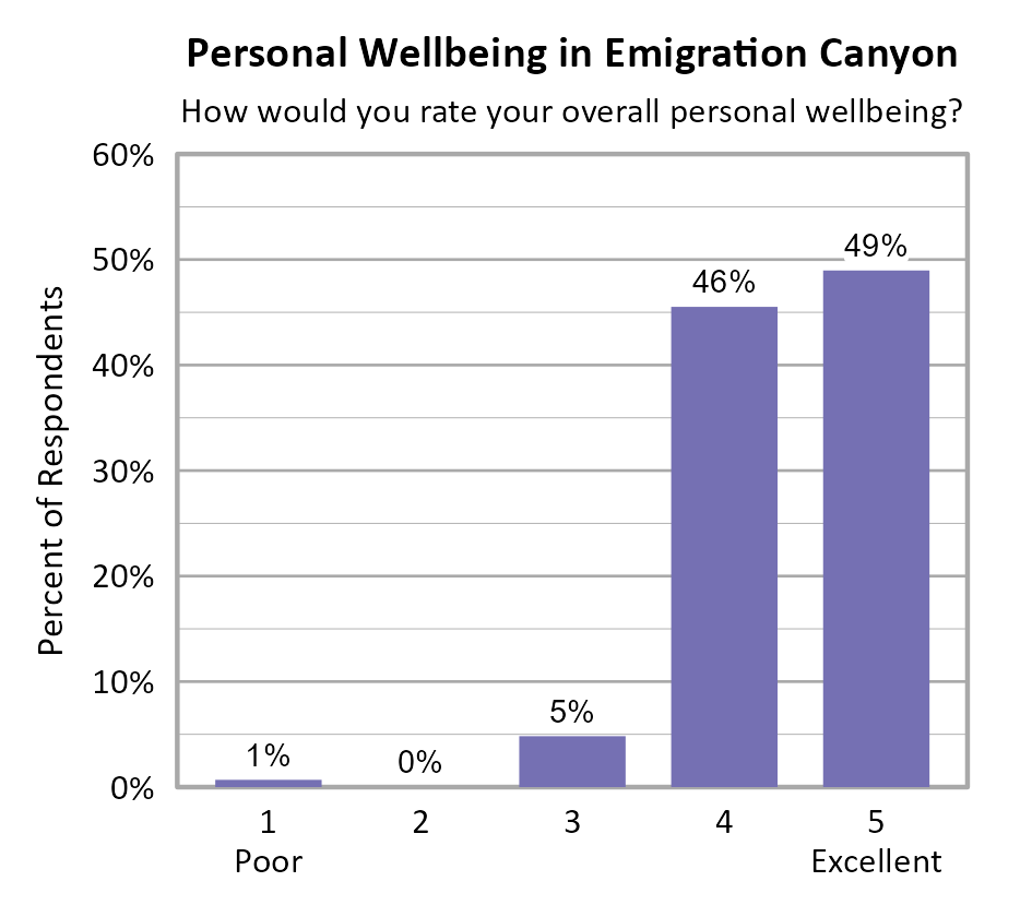 Bar Chart. Title: Personal Wellbeing in Emigration Canyon. Subtitle: How would you rate your overall personal wellbeing? Data — 1 Poor: 1% of respondents; 2: 0% of respondents; 3: 5% of respondents; 4: 46% of respondents; 5 Excellent: 49% of respondents