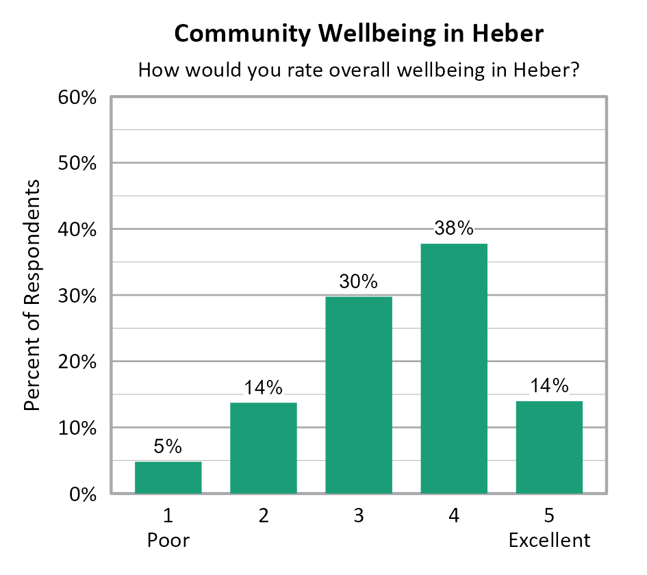 Bar Chart. Title: Community Wellbeing in Heber. Subtitle: How would you rate overall wellbeing in Heber? Data — 1 Poor: 5% of respondents; 2: 14% of respondents; 3: 30% of respondents; 4: 38% of respondents; 5 Excellent: 14% of respondents