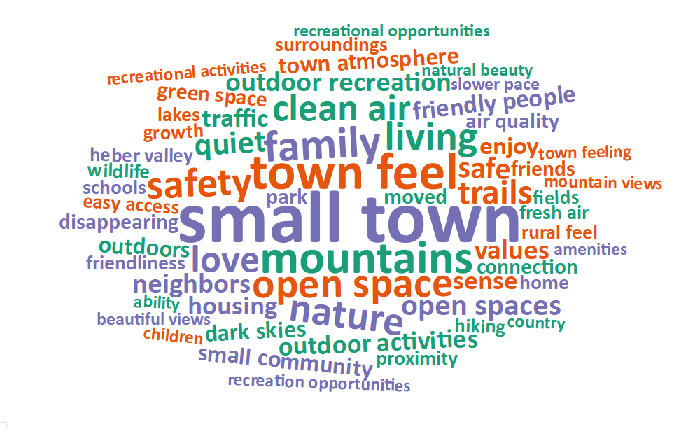A word cloud of most common words about what respondents value most in their city