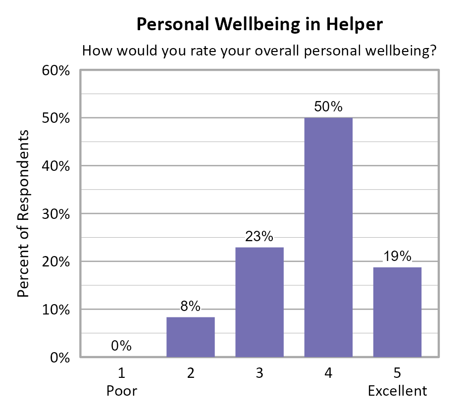 Bar Chart. Title: Personal Wellbeing in Helper. Subtitle: How would you rate your overall personal wellbeing? Data — 1 Poor: 0% of respondents; 2: 8% of respondents; 3: 23% of respondents; 4: 50% of respondents; 5 Excellent: 19% of respondents