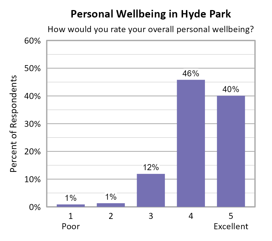 Bar Chart. Title: Personal Wellbeing in Hyde Park. Subtitle: How would you rate your overall personal wellbeing? Data — 1 Poor: 1% of respondents; 2: 1% of respondents; 3: 12% of respondents; 4: 46% of respondents; 5 Excellent: 40% of respondents