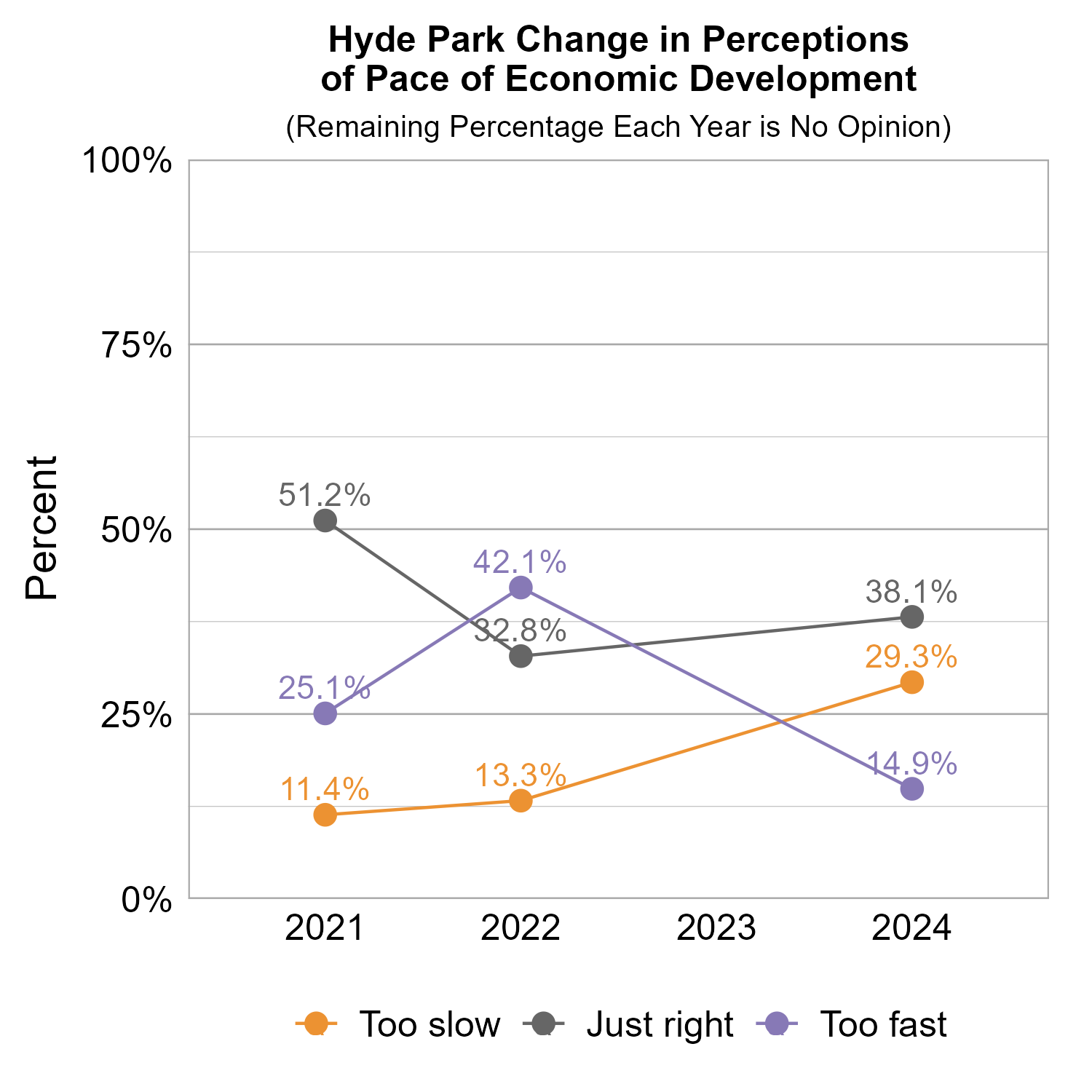 Line Graph. Title: Hyde Park Change in Perceptions of Pace of Economic Development. Subtitle: (Remaining Percentage Each Year is No Opinion) Data — 2021: 11.4% rated too slow, 51.2% rated just right, 25.1% rated too fast; 2022: 13.3% rated too slow, 32.8% rated just right, 42.1% rated too fast; 2024: 29.3% rated too slow, 38.1% rated just right, 14.9% rated too fast