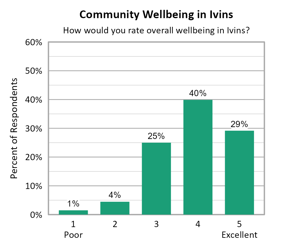 Bar Chart. Title: Community Wellbeing in Ivins. Subtitle: How would you rate overall wellbeing in Ivins? Data — 1 Poor: 1% of respondents; 2: 4% of respondents; 3: 25% of respondents; 4: 40% of respondents; 5 Excellent: 29% of respondents