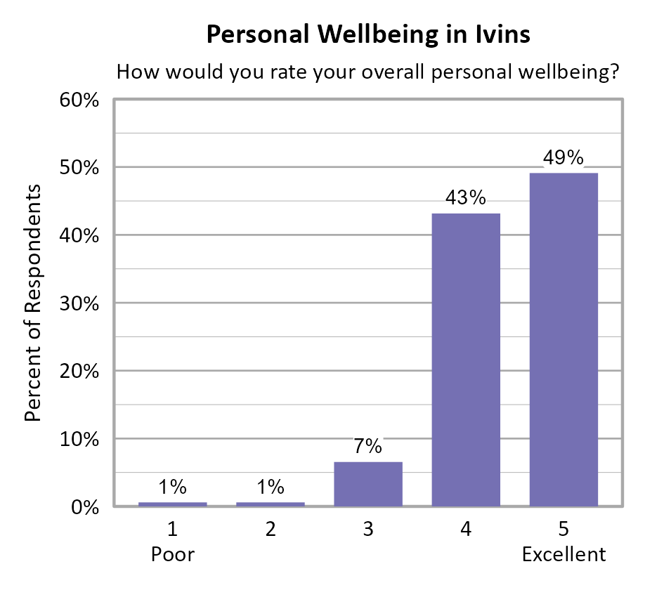 Bar Chart. Title: Personal Wellbeing in Ivins. Subtitle: How would you rate your overall personal wellbeing? Data — 1 Poor: 1% of respondents; 2: 1% of respondents; 3: 7% of respondents; 4: 43% of respondents; 5 Excellent: 49% of respondents