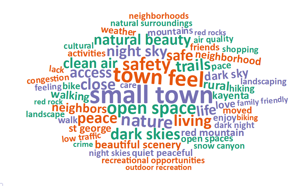 A word cloud of most common words about what respondents value most in their city