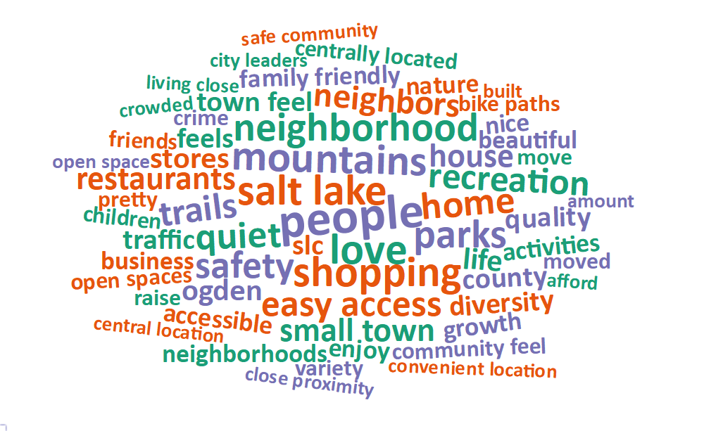 A word cloud of most common words about what respondents value most in their city
