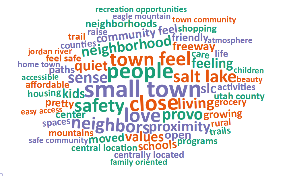 A word cloud of most common words about what respondents value most in their city