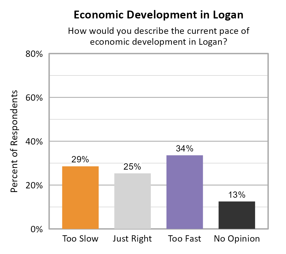 Bar Chart. Title: Economic Development in Logan. Subtitle: How would you describe the current pace of economic development in Logan? Data — Too Slow: 29% of respondents; Just Right: 25% of respondents; Too Fast: 34% of respondents; No Opinion: 13% of respondents