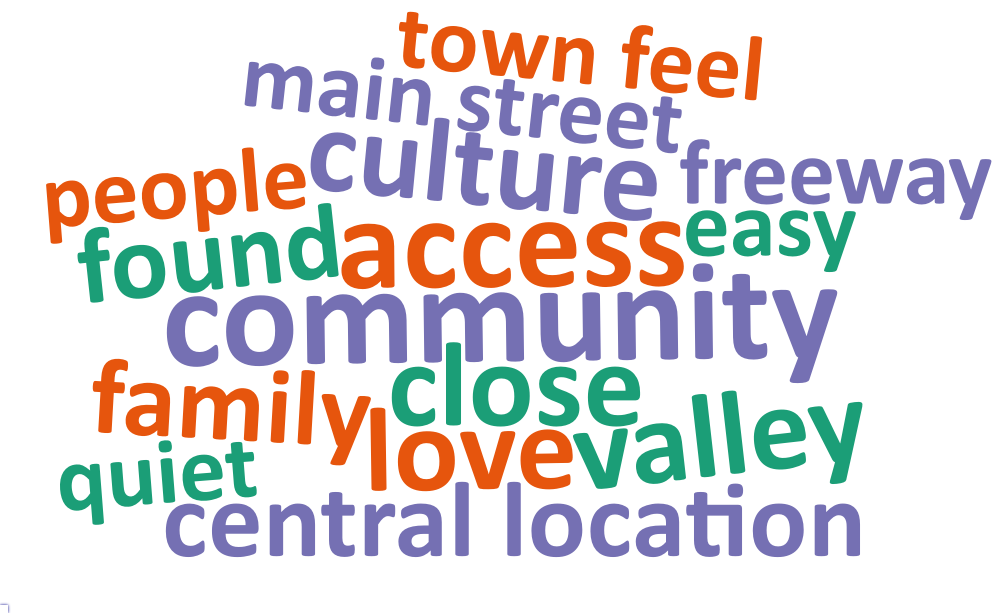 A word cloud of most common words about what respondents value most in their city