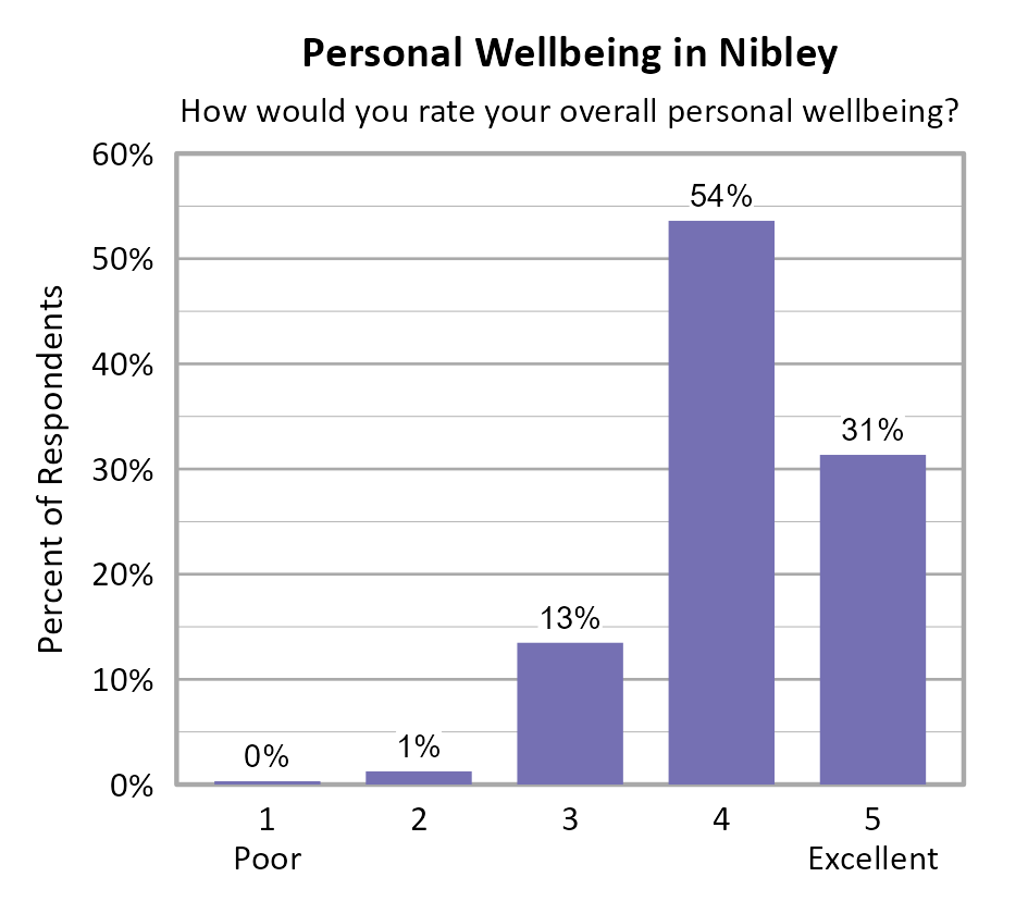 Bar Chart. Title: Personal Wellbeing in Nibley. Subtitle: How would you rate your overall personal wellbeing? Data — 1 Poor: 0% of respondents; 2: 1% of respondents; 3: 13% of respondents; 4: 54% of respondents; 5 Excellent: 31% of respondents