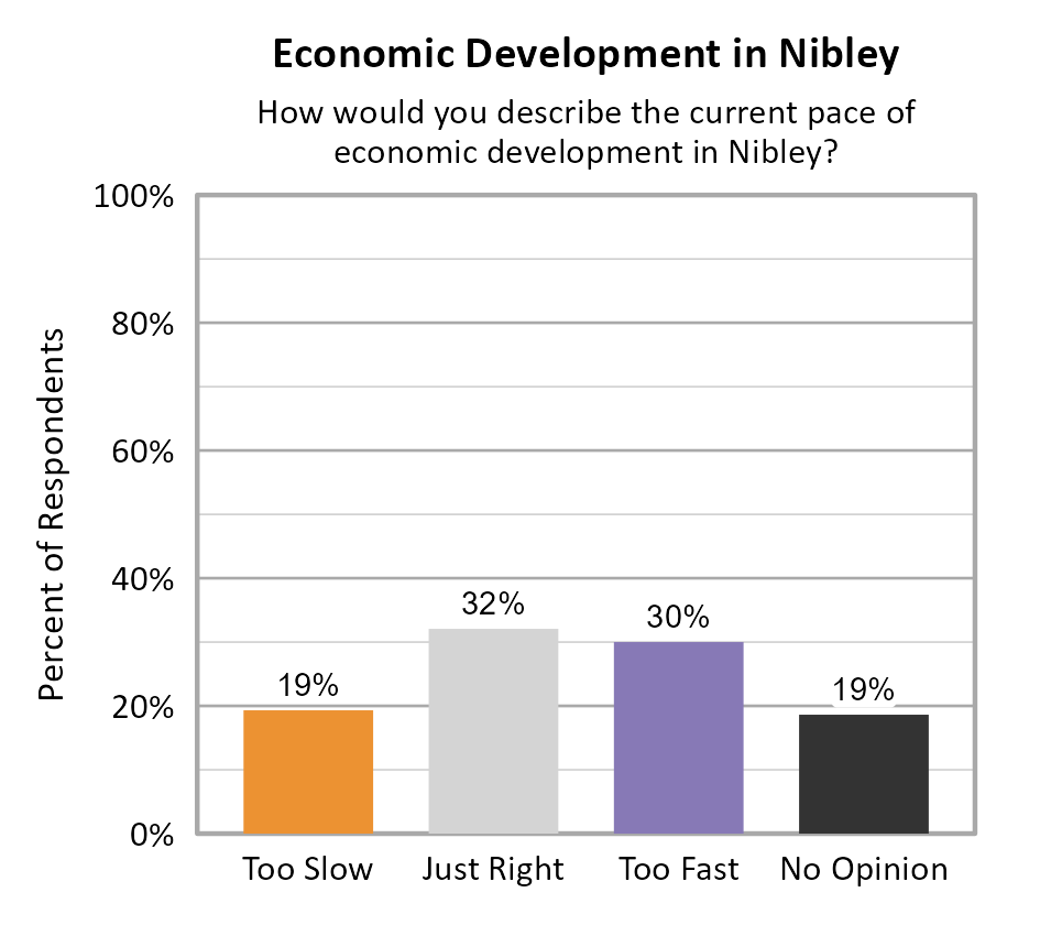 Bar Chart. Title: Economic Development in Nibley. Subtitle: How would you describe the current pace of economic development in Nibley? Data — Too Slow: 19% of respondents; Just Right: 32% of respondents; Too Fast: 30% of respondents; No Opinion: 19% of respondents