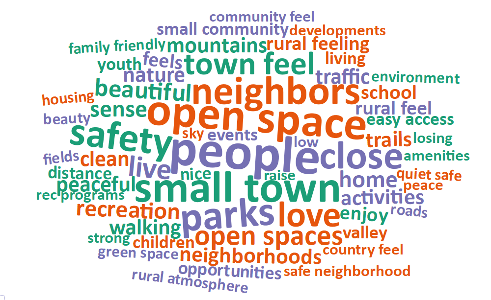 A word cloud of most common words about what respondents value most in their city