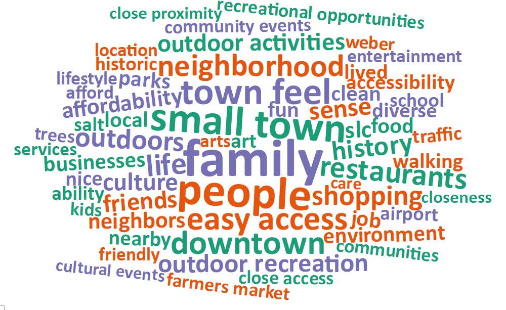 A word cloud of most common words about what respondents value most in their city