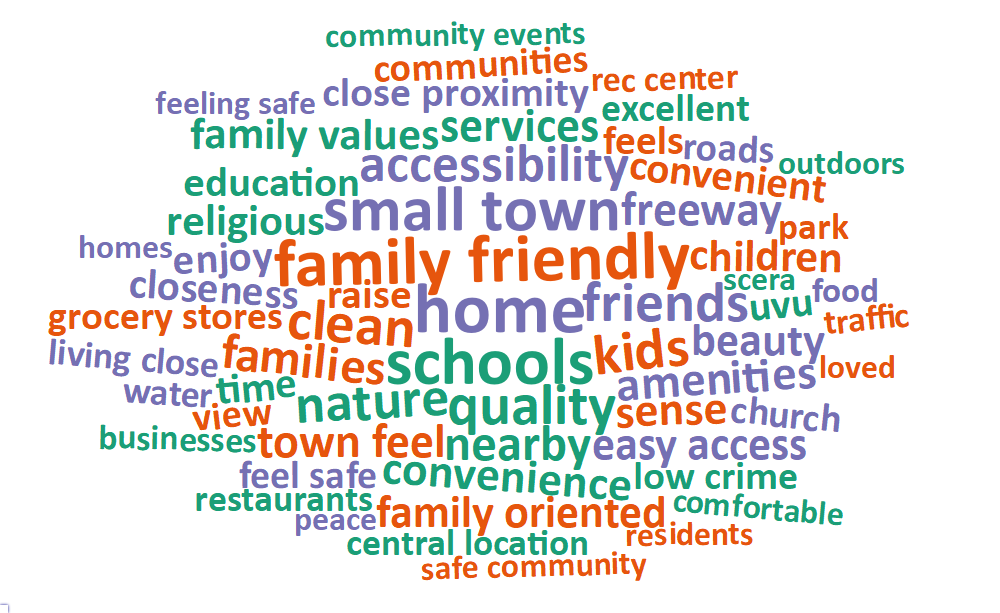A word cloud of most common words about what respondents value most in their city