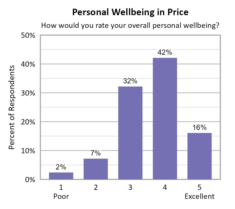 Bar Chart. Title: Personal Wellbeing in Price. Subtitle: How would you rate your overall personal wellbeing? Data — 1 Poor: 2% of respondents; 2: 7% of respondents; 3: 32% of respondents; 4: 42% of respondents; 5 Excellent: 16% of respondents