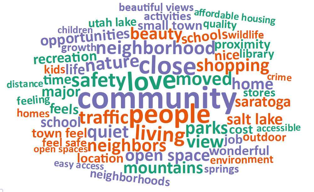 A word cloud of most common words about what respondents value most in their city