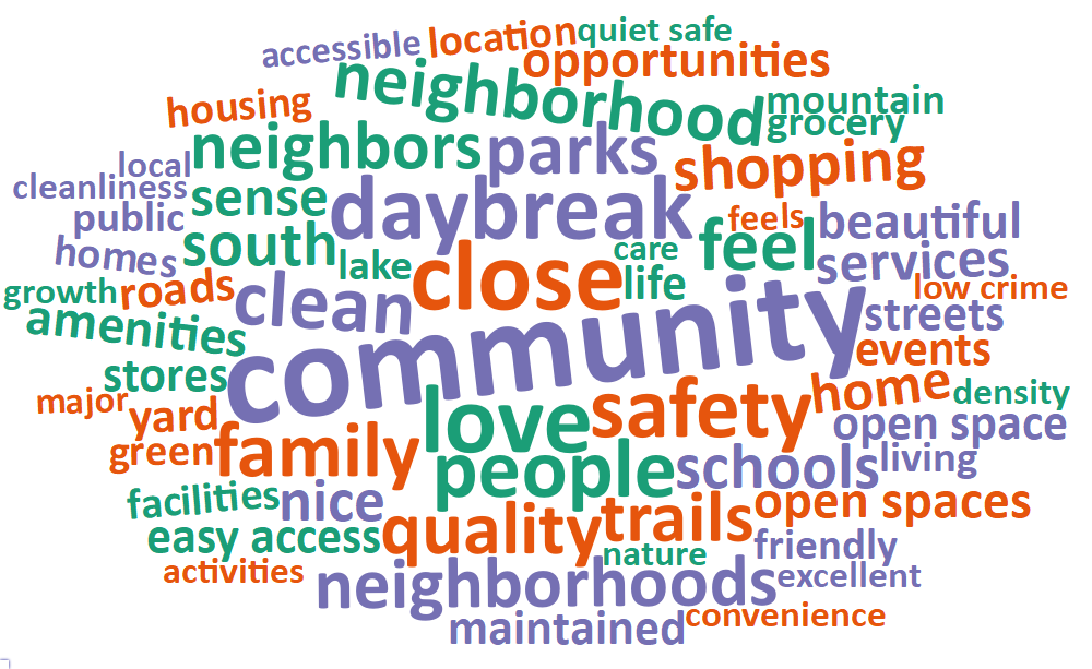 A word cloud of most common words about what respondents value most in their city