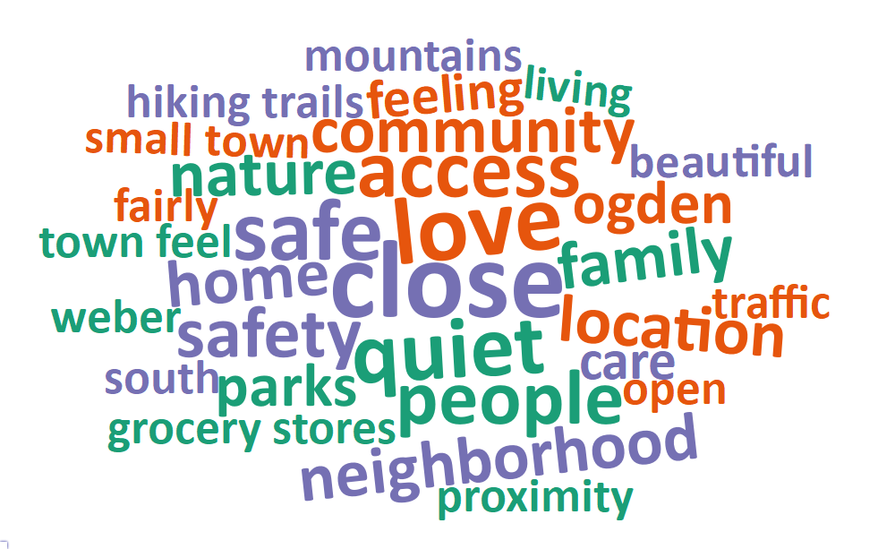 A word cloud of most common words about what respondents value most in their city