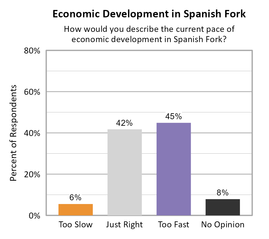 Bar Chart. Title: Economic Development in Spanish Fork. Subtitle: How would you describe the current pace of economic development in Spanish Fork? Data — Too Slow: 6% of respondents; Just Right: 42% of respondents; Too Fast: 45% of respondents; No Opinion: 8% of respondents