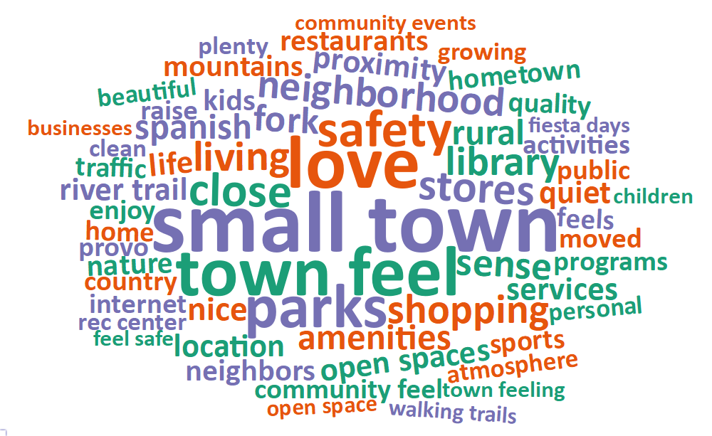 A word cloud of most common words about what respondents value most in their city