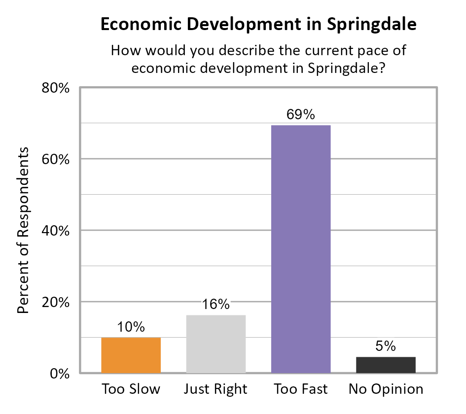 Bar Chart. Title: Economic Development in Springdale. Subtitle: How would you describe the current pace of economic development in Springdale? Data — Too Slow: 10% of respondents; Just Right: 16% of respondents; Too Fast: 69% of respondents; No Opinion: 5% of respondents