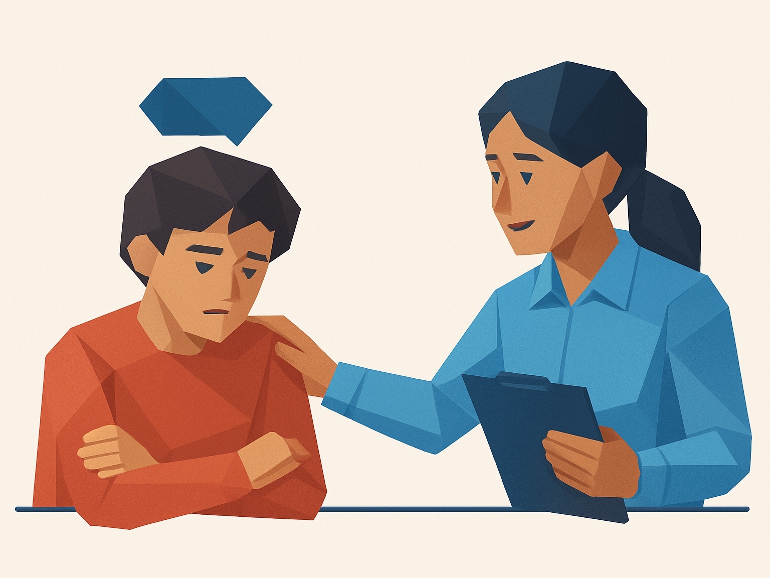 person with hand on shoulder of another person who is sad