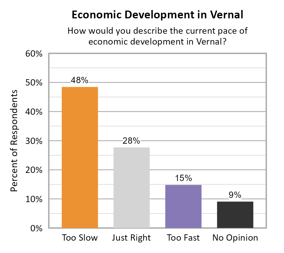 Bar Chart. Title: Economic Development in Vernal. Subtitle: How would you describe the current pace of economic development in Vernal? Data — Too Slow: 48% of respondents; Just Right: 28% of respondents; Too Fast: 15% of respondents; No Opinion: 9% of respondents