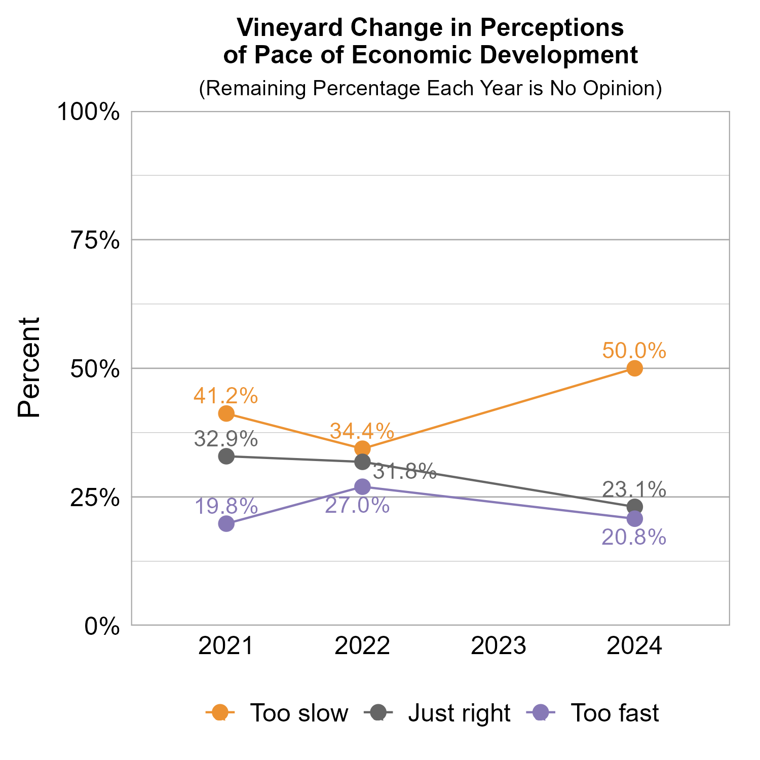 Line Graph. Title: Vineyard Change in Perceptions of Pace of Economic Development. Subtitle: (Remaining Percentage Each Year is No Opinion) Data — 2021: 41.2% rated too slow, 32.9% rated just right, 19.8% rated too fast; 2022: 34.4% rated too slow, 31.8% rated just right, 27.0% rated too fast; 2024: 50.0% rated too slow, 23.1% rated just right, 20.8% rated too fast