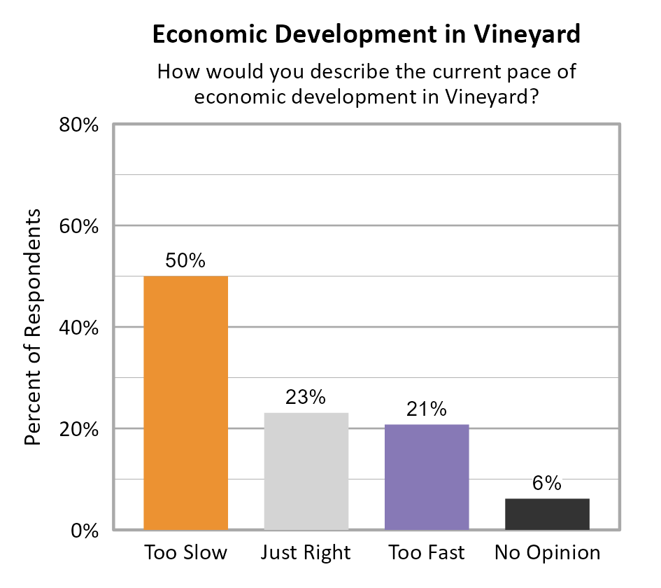 Bar Chart. Title: Economic Development in Vineyard. Subtitle: How would you describe the current pace of economic development in Vineyard? Data — Too Slow: 50% of respondents; Just Right: 23% of respondents; Too Fast: 21% of respondents; No Opinion: 6% of respondents
