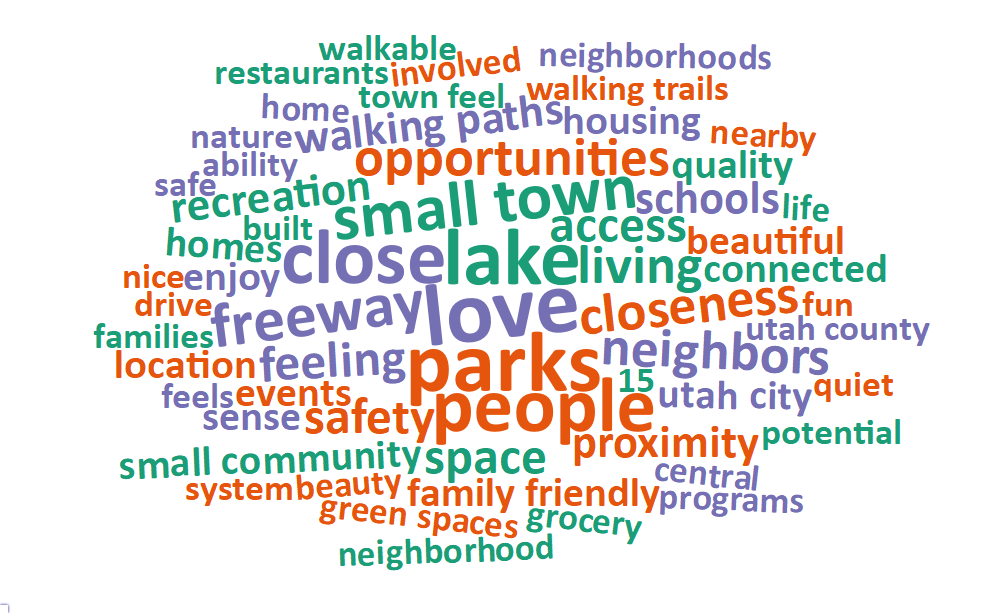 A word cloud of most common words about what respondents value most in their city