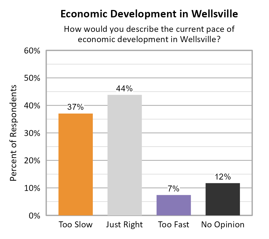 Bar Chart. Title: Economic Development in Wellsville. Subtitle: How would you describe the current pace of economic development in Wellsville? Data — Too Slow: 37% of respondents; Just Right: 44% of respondents; Too Fast: 7% of respondents; No Opinion: 12% of respondents