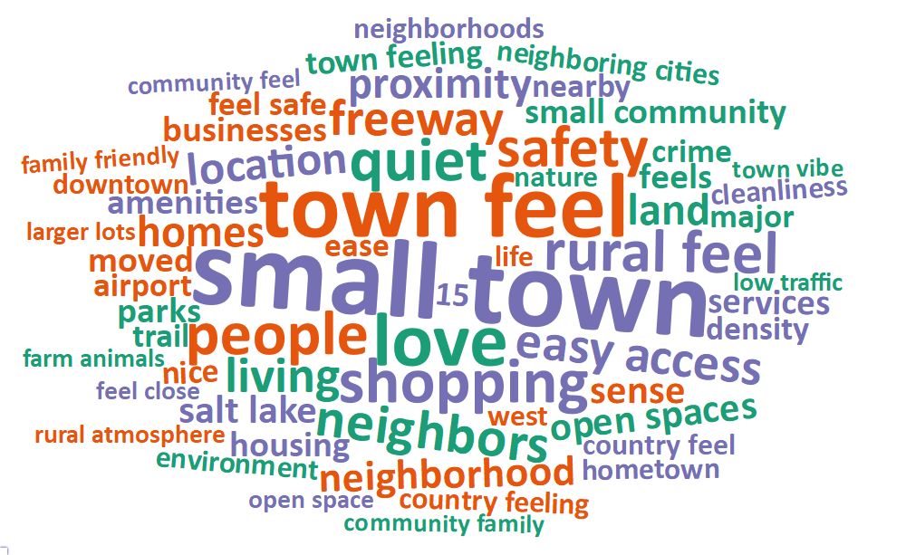 A word cloud of most common words about what respondents value most in their city
