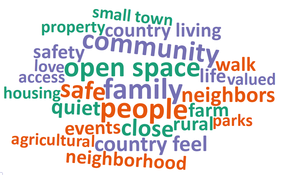 A word cloud of most common words about what respondents value most in their city