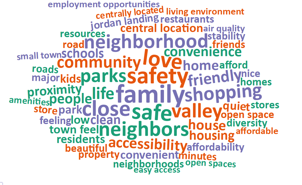 A word cloud of most common words about what respondents value most in their city