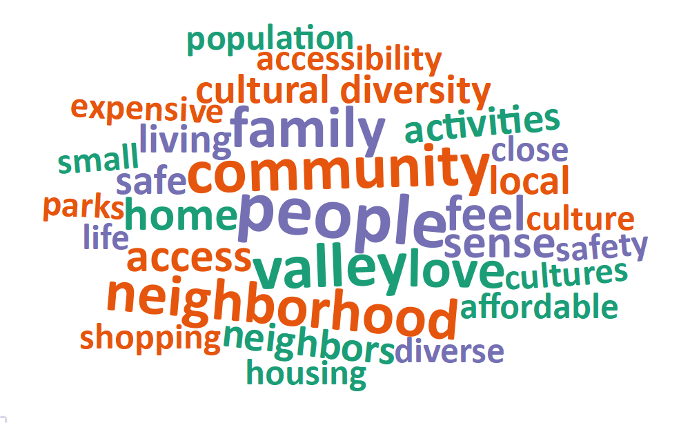 A word cloud of most common words about what respondents value most in their city
