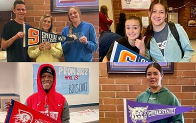 students with college banners