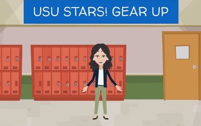 Animated character in school hallway.